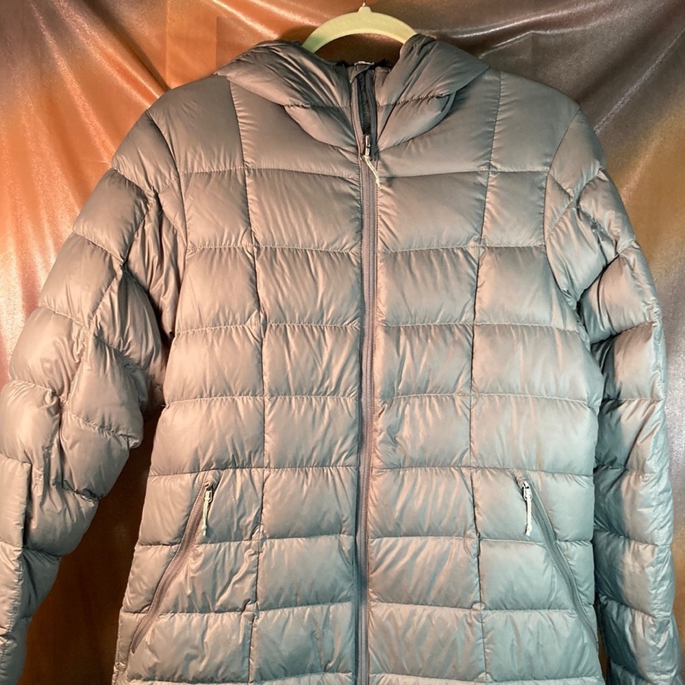 REI olive gray down coat. Size M with hood. 209 40” chest. 36” waist